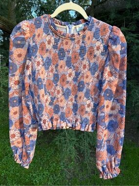 Aritzia Wilfred Tempest Ruched Floral Cropped Long Sleeve Blouse Small